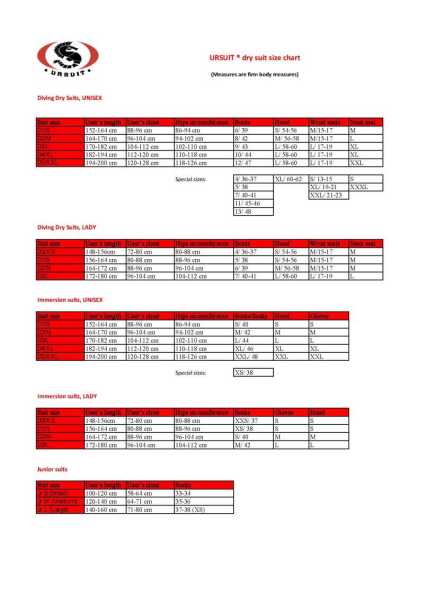размерная таблица Ursuit размерная таблица Ursuit