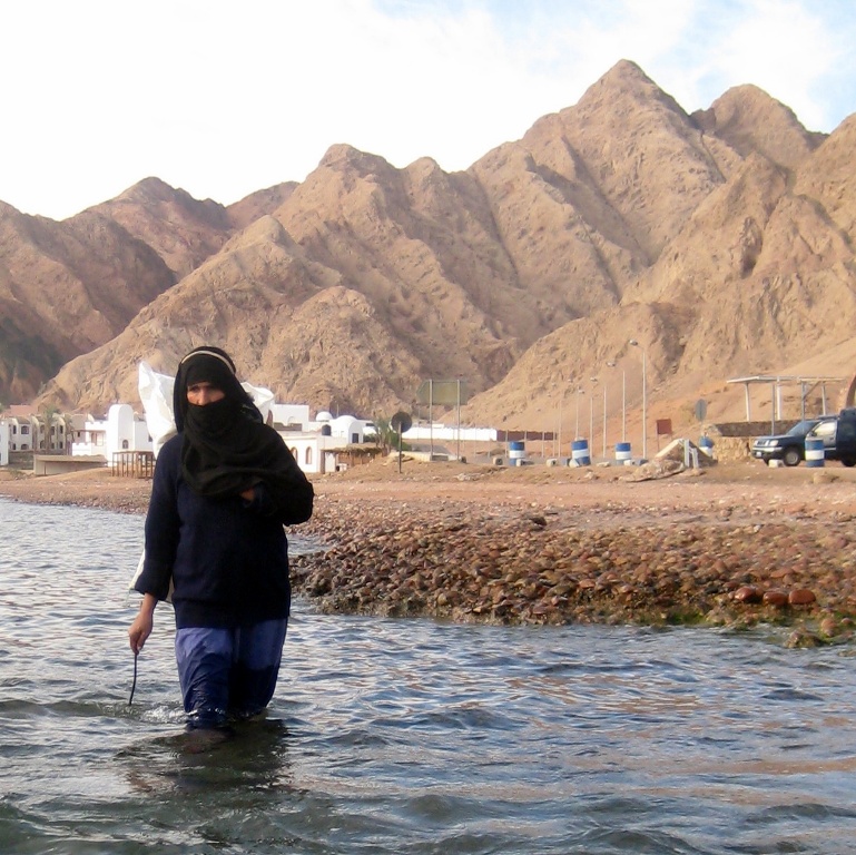 Бедуинка за сбором морепродуктов. Бедуинка за сбором морепродуктов.